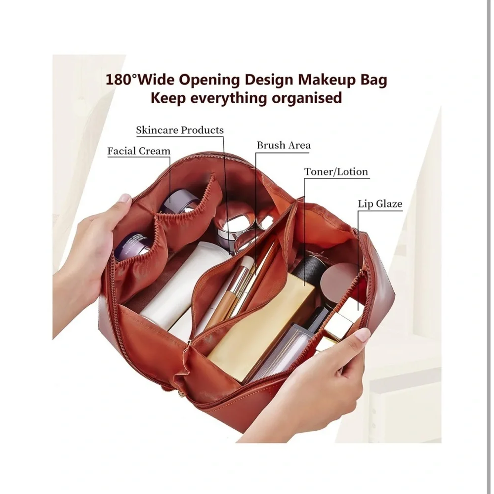 Scienbeauty Large Travel Makeup Bag Brown Vegan Leather Open Flat Cosmetic Case